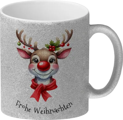 Produktbild von Rentier Glitzer-Kaffeebecher und Spruch Frohe Weihnachten