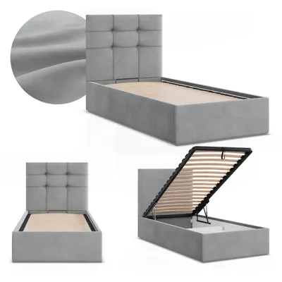 Produktbild von Polsterbett SORIA 90x200 Samt mit Bettkasten und hochklappbarem Metall-Lattenrost, Einzelbett Grau