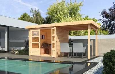 Produktbild von Karibu Gartenhaus Gerätehaus Askola 2 im Set mit Anbaudach 2,40 m Breite naturbelassen 433x217x211 cm