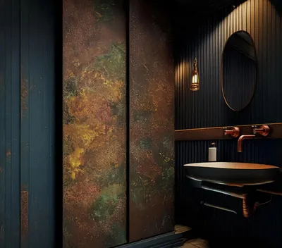 A bathroom with a sink and mirror, featuring decorative panels.