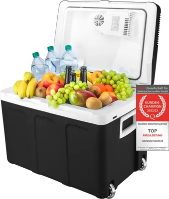 Produktbild von TZS First Austria elektrische Kühlbox 45L, 12V/230V, mobiler Minikühlschrank, mit Rollen, 12-V-Stecker fürs Auto, Warmhaltefunktion, Camping, Schwarz