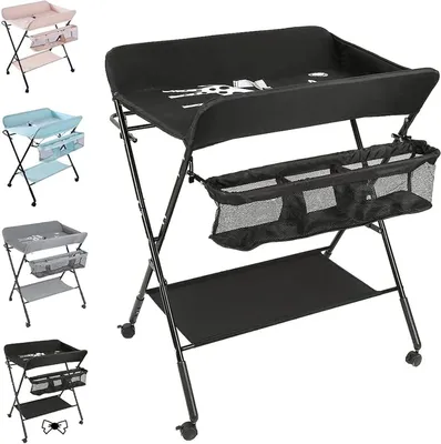 Image de Table à langer pliable - Station pour bébé - Soins pour bébé à domicile - Mobile sur roulettes - 80 x 66 x 98 cm - Noir