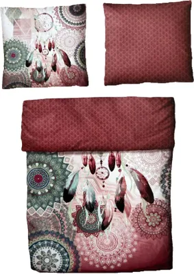 A bedding set including a duvet cover and pillowcases with a dreamcatcher and mandala pattern.