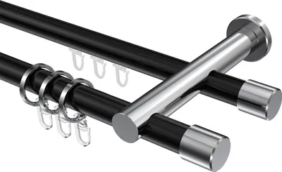 Produktbild von Interdeco Rundrohr-Innenlaufstange / Gardinenstange (Kombination) Schwarz / Chrom, Typ Platon Santo (Kappe), 20 mm Ø 2-läufig, 280 cm