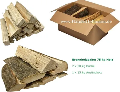 Produktbild von Brennholzpaket 60 kg Buche/Esche 33 cm + 1 Karton Anzündholz ca. 15 kg Feuerholz