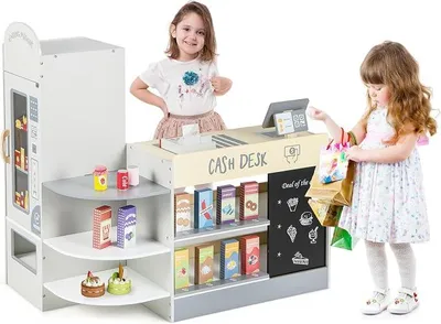 Produktbild von Kinder Kaufladen, Kaufmannsladen aus Holz mit Seitentheke, Supermarkt-Set mit Kasse, POS-Maschine, Verkaufsautomat & Kreidetafel, Einkaufsladen Verkaufsstand für Kinder von 3-8 Jahren (Grau)