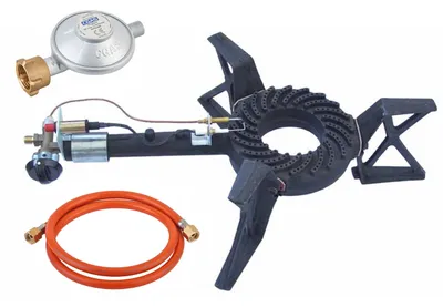 Produktbild von Gas-Hockerkocher Profi 10,5 KW 3-Fuß Hockerkocher 18 cm Gussbrenner mit Zündsicherung und Piezozünder inkl. Schlauch u. Regler