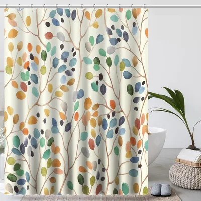 Produktbild von Bunter Duschvorhang mit Blumenmuster, 180 x 180 cm, waschbarer Stoff, wasserdicht, mit 12 Haken