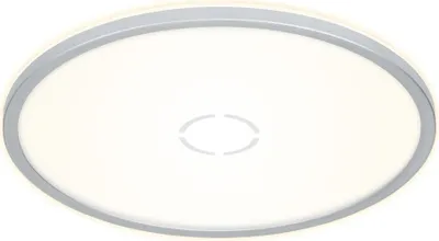 A close-up, front-facing view of a white and silver LED ceiling light with a metallic rim.