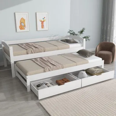 Image de Lit double, lit simple et lit double, lit pliant à roulettes, 2 sommiers en MDF, cadre en bois massif, blanc (200 x 90 cm / 190 x 90 cm)