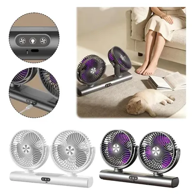 Produktbild von 3-in-1 Akku Doppel-Kopf Ventilator mit Nachtlicht, 3000mAh, 3 Geschwindigkeiten, USB-C aufladbar, Flexibler Tisch-, Wand- & Hängeventilator für Büro