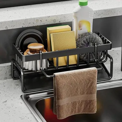 Produktbild von Famanu Küchenorganizer 2-in-1 - Schwarz, ohne Bohren, mit Trockenregal und Sponshalter