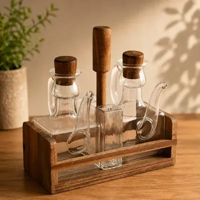 Image de Twins set huile vinaigre sel poivre verre borosilicaté acacia 16 x 16,8 x 10 cm