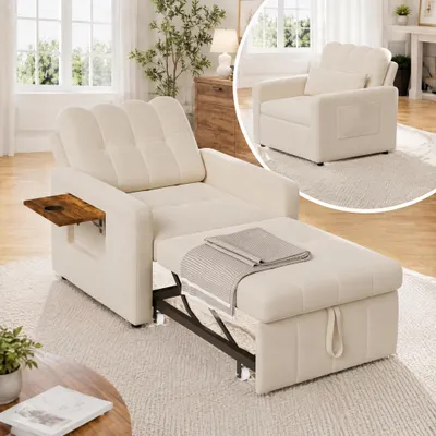 Imagen del producto de INONEFT: Sillón reclinable 3 en 1 con función de cama, sofá cama, sillón convertible con respaldo ajustable en 5 posiciones, sofá cama para invitados, tejido de chenilla, color beige