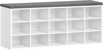 Imagen del producto de Zapatero con 15 compartimentos, estante para zapatos con banco acolchado, armario para zapatos, 110 x 30 x 48 cm, ideal para pasillos, dormitorios, salones y zonas de entrada, en color blanco y gris