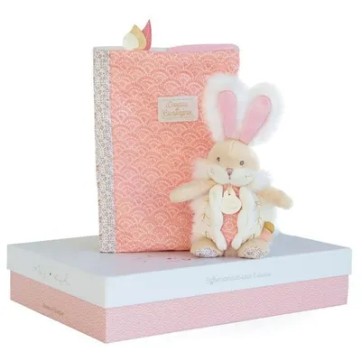 Immagine prodotto di Set regalo Doudou - coniglio di peluche rosa e astuccio per pannolini