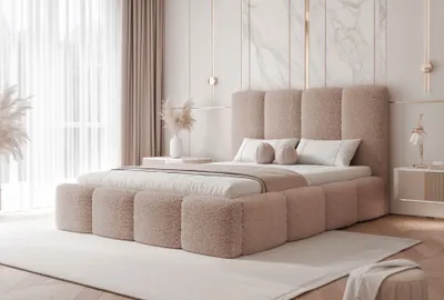 A bedroom setting with a bed.
