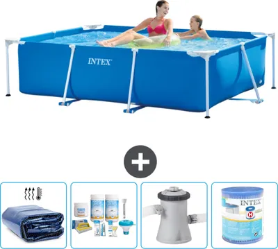 Zdjęcie produktu dla Basen Intex z prostokątną ramą - 220 x 150 x 60 cm - niebieski - zawiera markizę - pakiet konserwacyjny - pompę filtrującą do basenu - filtr