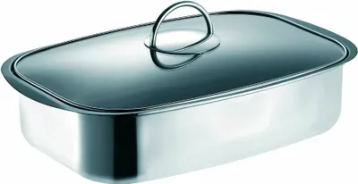 A stainless steel roasting pan with a glass lid and a metal handle.