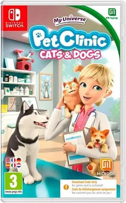 The image shows the Nintendo Switch game case for 'My Universe - Pet Clinic Cats & Dogs'. A cartoon veterinarian is holding a cat and a small dog, with a husky dog in the foreground. The background depicts a clinic setting.