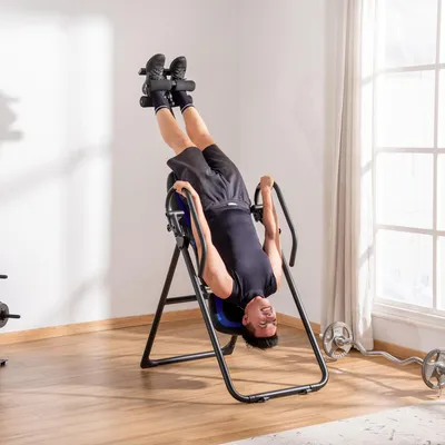Produktbild von Inversionsbank klappbar, Schwerkrafttrainer Rückentrainer, Metall/ABS, Schwarz+Blau | 132 x 71 x 145 cm | 25 kg | aufblasbares Hüftpolster