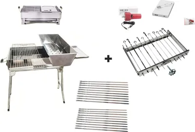 A collage of barbecue grill components and accessories, including a portable grill, a rotisserie spit with a motor, and skewers.