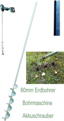 Produktbild von Erdbohrer 60mm 6 cm - 1m für Akkuschrauber oder Bohrmaschine Handgriff - ohne Handgriff