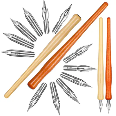 Immagine prodotto di Set di calligrafia con 2 portapenne e 12 penne, in legno/acciaio, per scrivere e disegnare