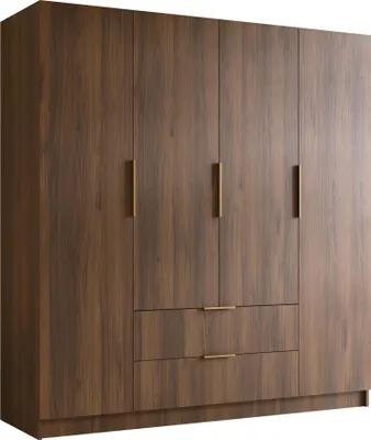 Produktbild von MIRJAN24 Kleiderschrank Sofia I 200, Schlafzimmer, Drehtürenschrank, mit Kleiderstange, Modern, Garderobenschrank, Metallgriffe (Farbe: Nuss Warmia + Gold)