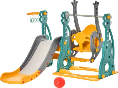 Produktbild von HOMCOM Kinderrutsche mit Schaukel und Basketballkorb 3 in 1 für 18–36 Monate mit verstellbarem Sitz, Spielplatz für drinnen und draußen, 152 x 149 x 107 cm, mehrfarbig