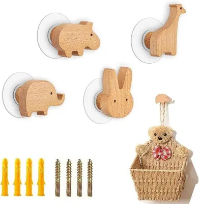 Image de Ensemble de crochets muraux pour enfants en bois naturel, avec motifs d'animaux. Fixation murale sans colle ni vis, idéale pour les enfants