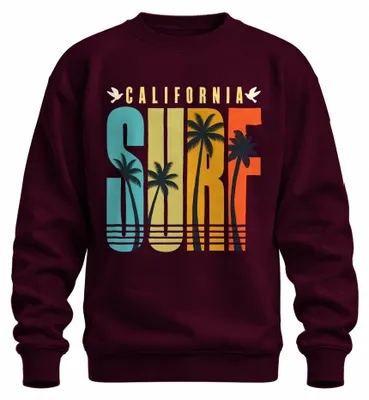 Imagen del producto de Sudadera con cuello redondo, estilo retro vintage, con motivos de surf, palmeras y playa, diseño de la costa oeste, océano, color burdeos, talla XL