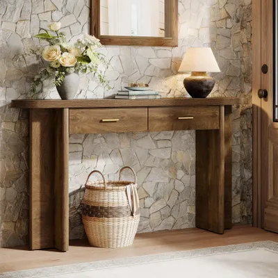 Image de Tribesigns Table console, 160 cm de long, 2 tiroirs Table d'entrée, table d'entrée campagnarde incurvée avec espace de rangement pour le salon, l'entrée, marron