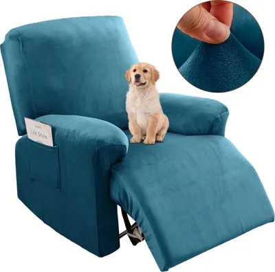 Produktbild von Relaxsessel Sesselbezug Stretch Samt Liegestuhlbezug mit Seitentasche 4-teiliges Set Elastischer Sesselschoner 1-Sitzer, Blau