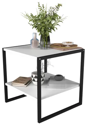 A white side table with two shelves, decorated with plants and books.