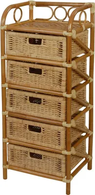 A wicker storage unit with five drawers.
