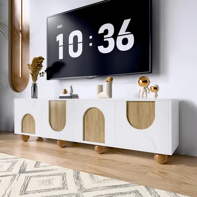 Image de OKWISH Meuble TV Bas Moderne - 4 Portes et Rangement Avec Pieds en Bois - MDF + PB - 175 x 38 x 50 cm - Naturel/Blanc