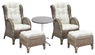 Productafbeelding van Luxe rieten set: 2 relaxfauteuils met voetenbankje + ronde bistrotafel