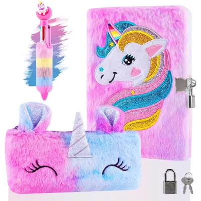 Produktbild von Geheimtagesbuch mit Schloss – Plüsch-Tagebuch mit Einhorn – Mit Stifthalter und Stift – Mehrfarbig – 2 Schlüssel – Für Mädchen im Alter von 5 bis 12 Jahren