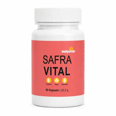 Produktbild von Wellpursan Safra Vital, mit Safranfäden-Extrakt, Kakao-Fasern, Rhodiola-Rosea,, KI-generiertes Bild