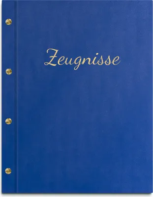 Produktbild von Zeugnismappe im blauen Einband in Lederoptik, mit hochwertiger Beschriftung in gold – handgefertigte Mappe für Zeugnisse inkl. 12 Sichthüllen