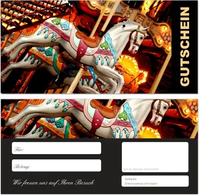 Produktbild von 50 Stück Premium Geschenkgutscheine (Karussell-674) - Ein schönes Produkt für Ihre Kunden Gutscheine Gutscheinkarten für Bereiche wie Jahrmarkt, Rummel, Einzelhandel, Kirmes, Fest, Feiern, Vergnügungspark und vieles mehr