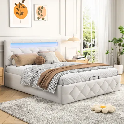 Zdjęcie produktu dla Łóżko tapicerowane Fortuna Lai 140x200 cm, LED, hydrauliczne, schowek, stelaż listwowy, sztuczna skóra, biały