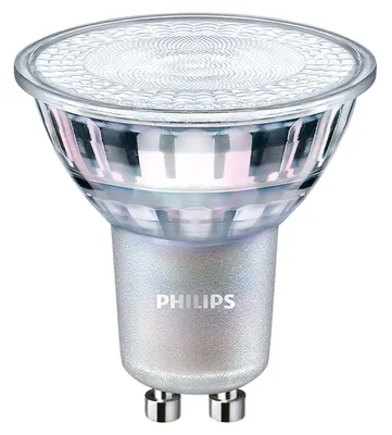 A studio shot of a Philips LED spotlight bulb against a white background.