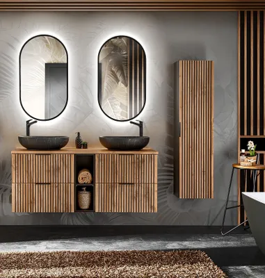 Produktbild von Design Badmöbel Set XILO 140 cm mit2  Waschbecken LED Soft-Close Waschtisch Spiegel Hochschrank