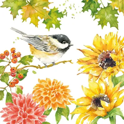 Produktbild von 20 Servietten Autumn Song - Vogel an Sonnenblumen und Dahlien 33x33cm