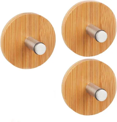 Immagine prodotto di CHPN – Ganci a forma di uncino – Ganci per asciugamani – Ganci da bagno – Set da 3 pezzi – Adesivi – Bambù/Acciaio inossidabile – Ganci – Per appendere