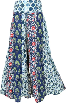 Immagine prodotto di Pantaloni palazzo patchwork, pantaloni svasati hippie chic, culotte boho - blu, donna, cotone, pantaloni