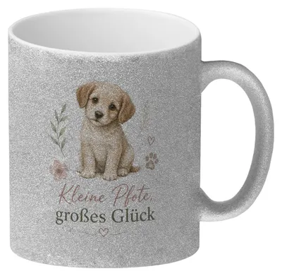 Produktbild von Glitzer-Kaffeebecher Kleine Pfote - Tasse mit süssem Hundemotiv Mit Spruch: