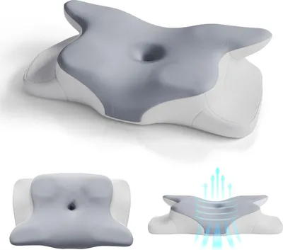 A collage of three images showing an ergonomic pillow from different angles, with one image illustrating airflow.